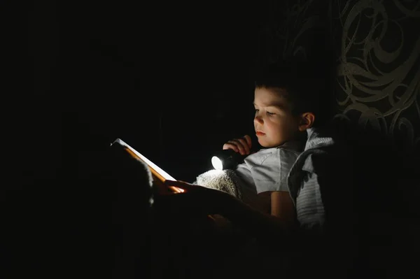 Child Reading Book Bed Kids Read Night Little Boy Fairy — Stock Photo, Image