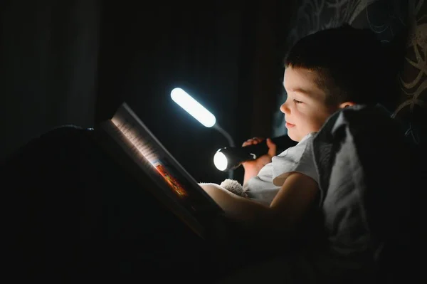 Читання Книги Використання Ліхтарика Молодий Хлопчик Повсякденному Одязі Лежить Біля — стокове фото