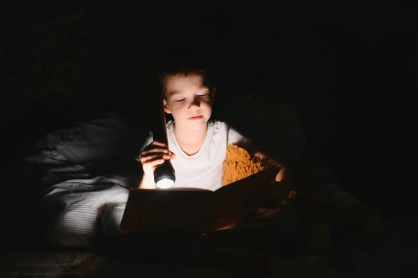 Porträtt Söt Liten Pojke Läser Sängen Med Ficklampa Mörkt Rum — Stockfoto