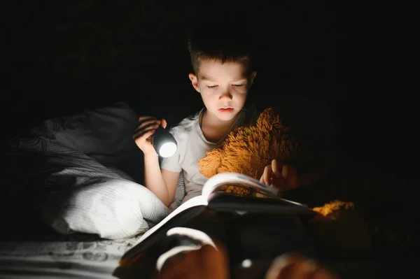 Retrato Lindo Niño Leyendo Cama Con Linterna Habitación Oscura Disfrutando —  Fotos de Stock