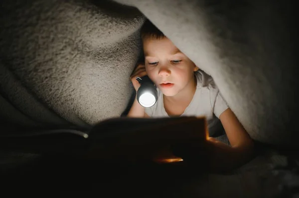 Портрет Милий Маленький Хлопчик Читає Ліжку Ліхтариком Темній Кімнаті Насолоджуючись — стокове фото