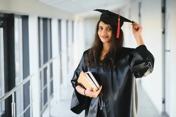 Young Asian Indian Female Graduate Wearing Robe Achievement Life Learning — Stock Photo, Image