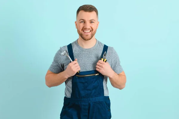 Nahaufnahme Porträt Seiner Schön Attraktiv Fröhlich Fröhlich Zufriedene Kerl Reparatur — Stockfoto