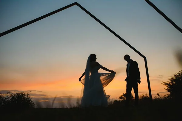 日没とともに結婚式のカップル — ストック写真