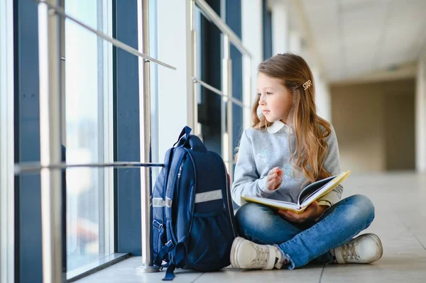 学校の廊下の間で小さな美しい学校の女の子のフロントビューでは 手でノートを保持します 面白いと幸せな女の子はカメラで笑顔 小学校でのレッスンの後に休憩 — ストック写真