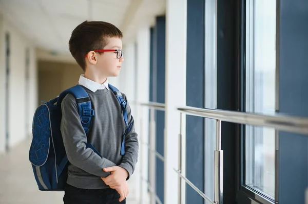 楽しさを持って大きなバックパックを持つ陽気な笑顔の小さな男の子 学校のコンセプト 学校に戻る — ストック写真