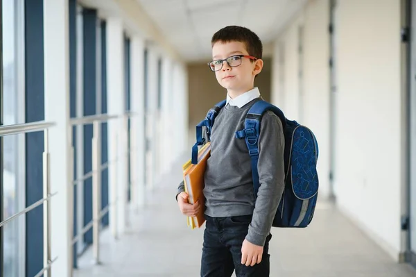 学校では通学用のかばんと本を持っている少年 教育の概念 学校に戻る 小学生は授業に行く バックパック付きのスタイリッシュな男の子 勉強の準備ができている少年 — ストック写真