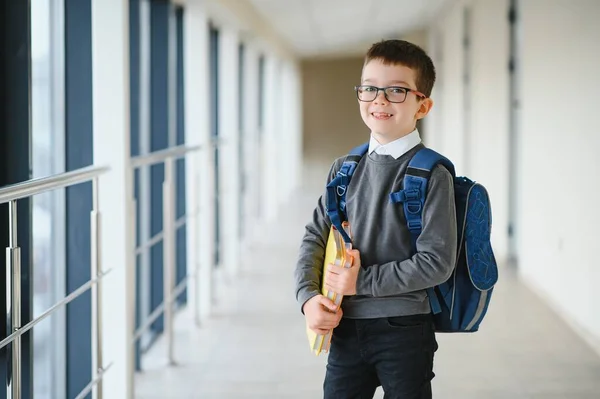 Fröhlich Lächelnder Kleiner Junge Mit Großem Rucksack Der Spaß Hat — Stockfoto