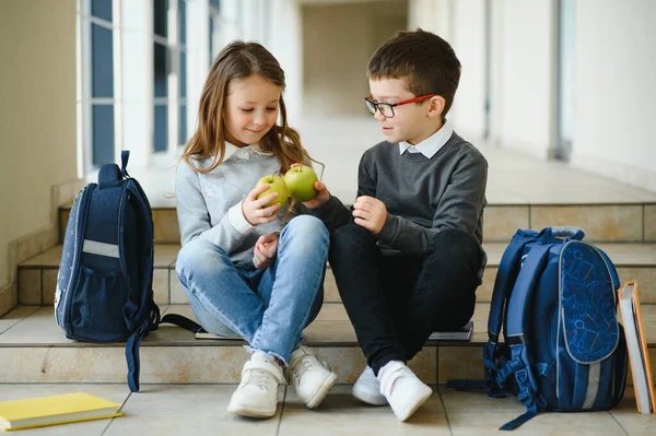 教育は健康のための食糧を選ぶとき力である 幸せな子供たちはスナック休憩を取ります 栄養と健康教育 健康的な食事 正式な教育 個人指導だ 教育研究 — ストック写真