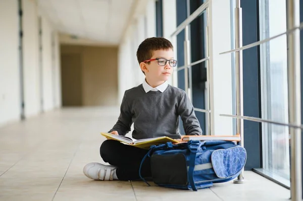 Ευτυχισμένο Χαριτωμένο Έξυπνο Αγόρι Γυαλιά Σχολική Τσάντα Και Βιβλίο Στο — Φωτογραφία Αρχείου