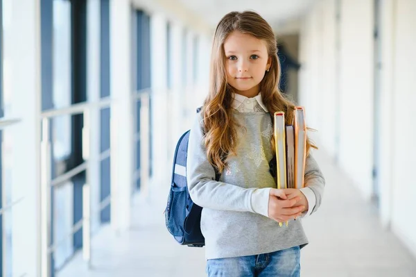 Μπροστά Άποψη Του Μικρού Όμορφου Κοριτσιού Του Σχολείου Μεταξύ Διάδρομο — Φωτογραφία Αρχείου