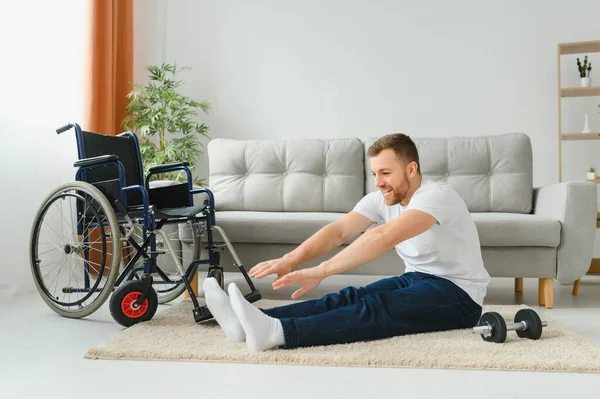 Disabled Sportsman Doing Stretching Exercises Wheelchair Background Life Disabled Person — Stock Photo, Image