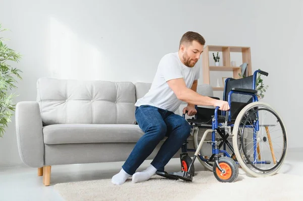 Disabled Young Black Guy Trying Sit — Stock Photo, Image