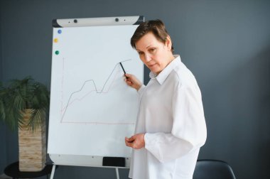 Gülümseyen olgun bayan antrenör, beyaz tahtaya işaret ederek, business flip grafik sunumu, mutlu yetişkin öğretmen danışman sunucu konferans atölyesi konsepti