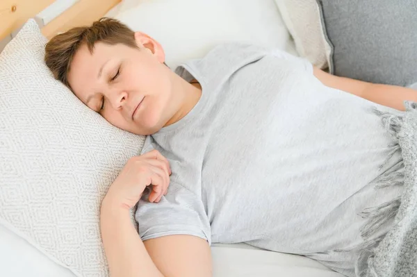 Closeup Woman Asleep Bed — Stock Photo, Image