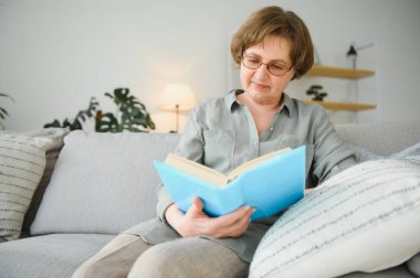 Dinlendirici okuma. Düşünceli portresi yaşlı kadın rahat ev favori edebiyat okuma. Rahat kanepe yastık üzerinde yalan söylüyor. Bacaklar yumuşak battaniye ile örtülü