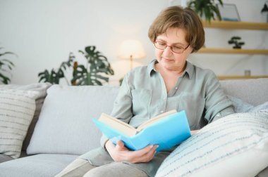 Çekici odaklı neşeli kadının portresi divanda oturmuş kitap okuyor. Ev içinde boş hayaller kuruyor.