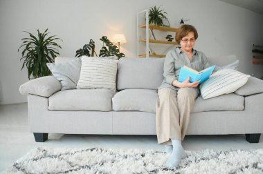 Dinlendirici okuma. Düşünceli portresi yaşlı kadın rahat ev favori edebiyat okuma. Rahat kanepe yastık üzerinde yalan söylüyor. Bacaklar yumuşak battaniye ile örtülü