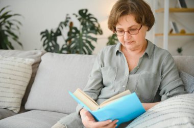 Çekici odaklı neşeli kadının portresi divanda oturmuş kitap okuyor. Ev içinde boş hayaller kuruyor.