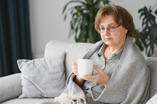 Comfort Relaxed Senior Old Elderly Woman Grandmother Drinking Hot Beverage — стоковое фото