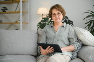 gülümseyen kadın kıdemli evde internet üzerinde bağlı.