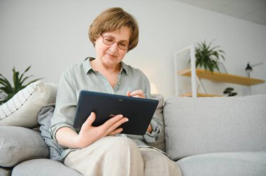 gülümseyen kadın kıdemli evde internet üzerinde bağlı.