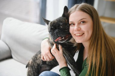 Kadın sahibi evde neşeli bir köpekle oynuyor. Köpek konseptiyle oynamak.