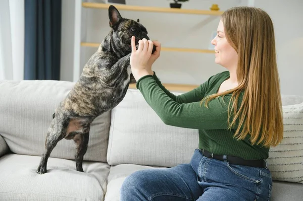 Mujer Joven Con Perro Casa Hermosa Mascota — Foto de Stock