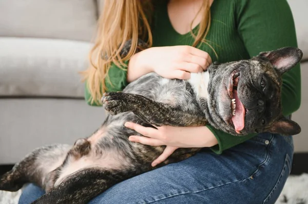 Hermosa Chica Sonriendo Sentado Suelo Cerca Bulldog Francés — Foto de Stock