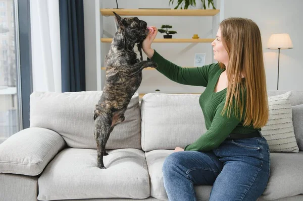 Mujer Joven Con Perro Casa Hermosa Mascota — Foto de Stock