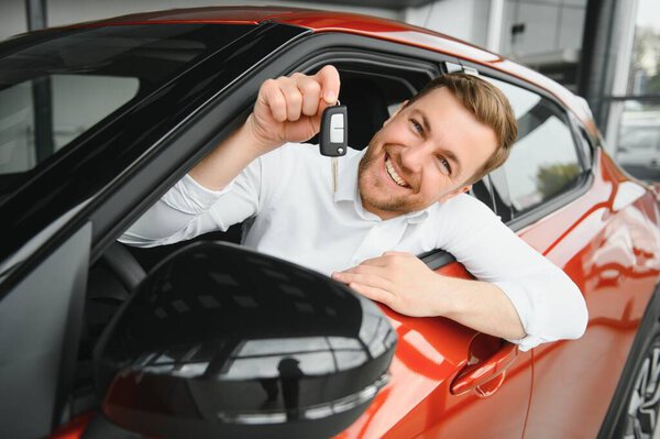 Yes New Car Customer Car Dealership Young Man Keys Hand Stock Photo