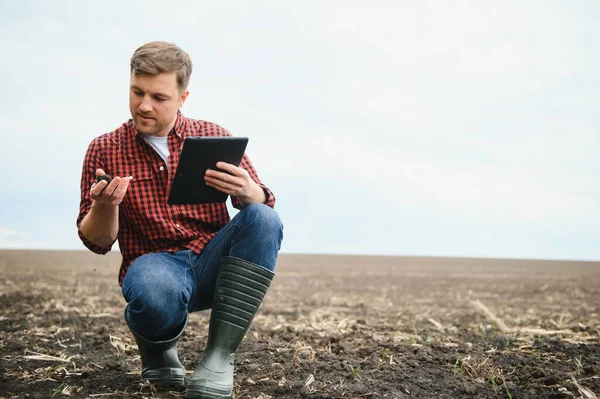 Fazendeiro Botas Trabalha Com Seu Tablet Campo Semeado Primavera Agrônomo — Fotografia de Stock