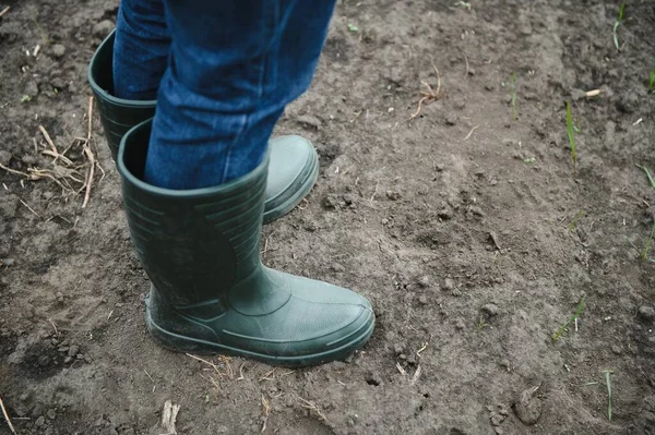 一个穿靴子的农民在春天播种的田里用他的石碑干活 一位农艺学家走在地球上 评估秋天犁地的情况 智能耕作技术 — 图库照片