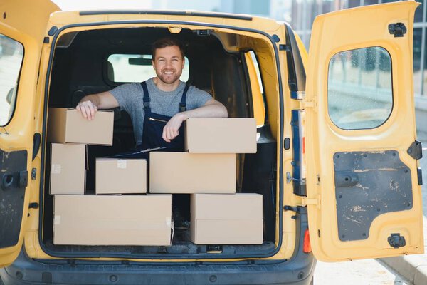 Delivery Men Unloading Moving Boxes Car Stock Picture