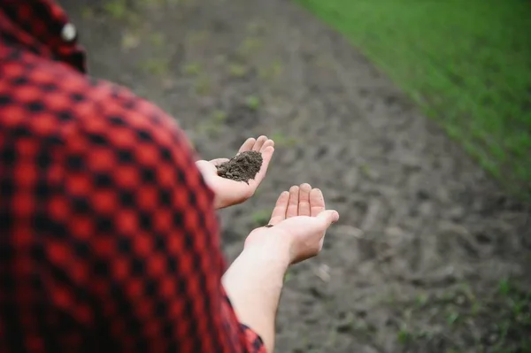 Farmer Hands Hold Handful Fertile Soil Concept Agriculture Agribusiness Gardener — Stock Photo, Image
