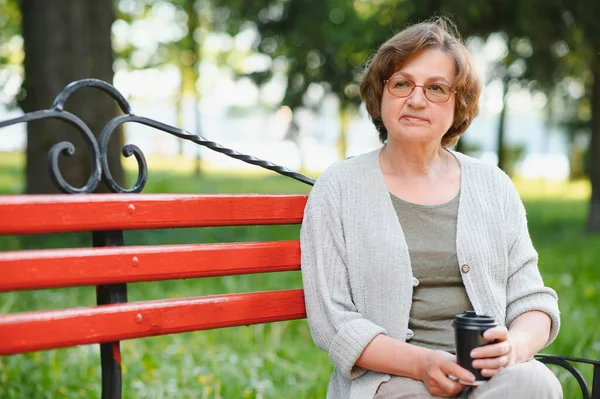 Retrato Anciana Positiva Tranquila Dama Sentada Banco Celebrar Café —  Fotos de Stock