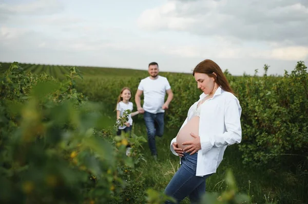 Glückliches Schwangeres Paar Mit Tochter Sommerlicher Natur — Stockfoto