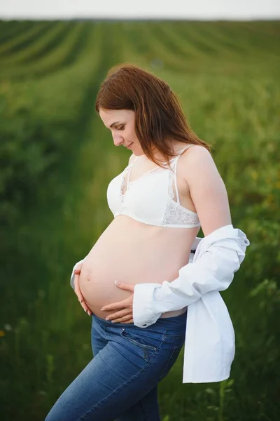Joven Mujer Embarazada Feliz Relajarse Disfrutar Vida Naturaleza Disparo Aire —  Fotos de Stock