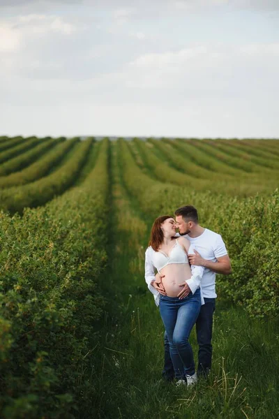 年轻快乐的怀孕夫妇拥抱在大自然中 — 图库照片