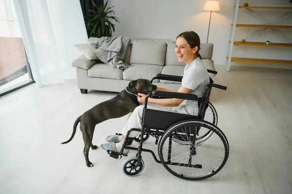 Jovem Cadeira Rodas Com Cão Serviço Casa — Fotografia de Stock