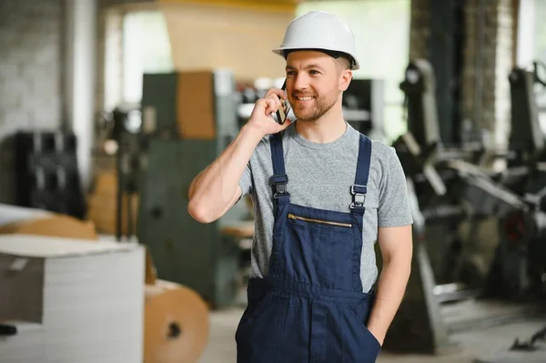 Smiling Happy Employee Industrial Worker Indoors Factory Young Technician White — Stock Photo, Image