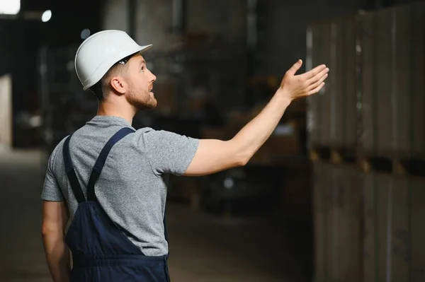 Portrait Happy Male Worker Warehouse White Helmet Standing Shelves — Stock Photo, Image