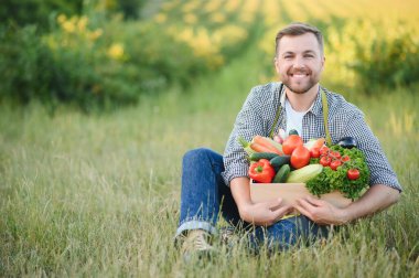 Bir kutu sebze toplayan çiftçi..