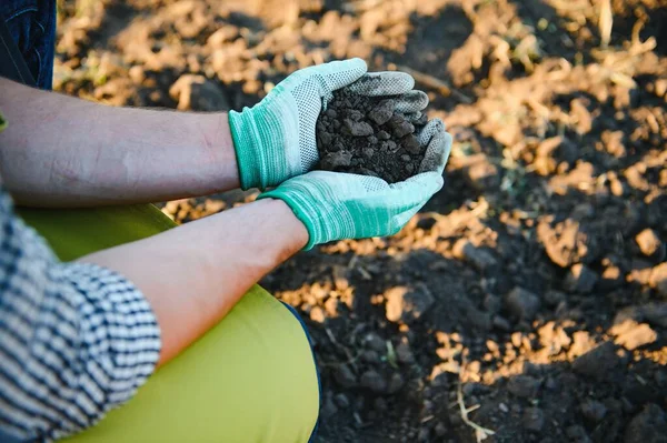 農家の女性の手のトップビュー肥沃な黒い土壌の背景とコピースペース 保存世界 地球の日と手の生態環境の概念を保持 — ストック写真