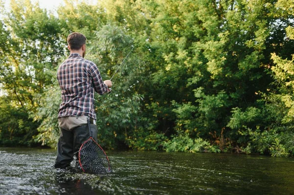 Man Fishing Rod Fisherman Men River Water Outdoor Catching Trout — Stockfoto