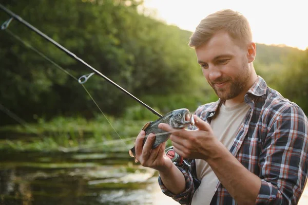 Man Fishing Rod Fisherman Men River Water Outdoor Catching Trout — Stockfoto
