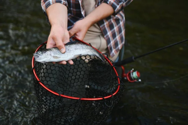 Fly Fisherman Holding Trout Out Water — Stock Photo, Image