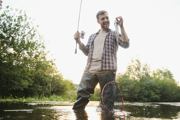 Man Fishing Rod Fisherman Men River Water Outdoor Catching Trout — Stok fotoğraf