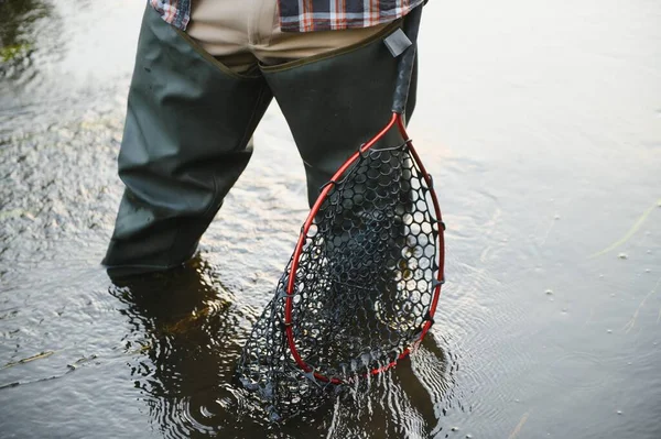 Fisherman Hunting Trouts Mountain River Fishing Net Detail — Stock Photo, Image