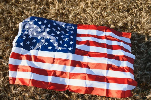 Usa American Flag Spreaded Golden Wheat Field — ストック写真